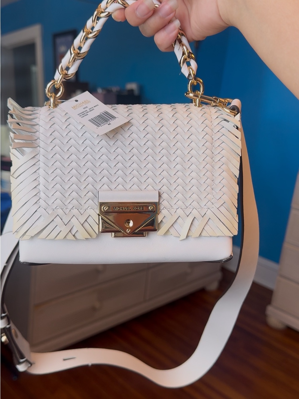 Michael Kors Cece Woven Leather Crossbody Bag White - Picture 5 of 7